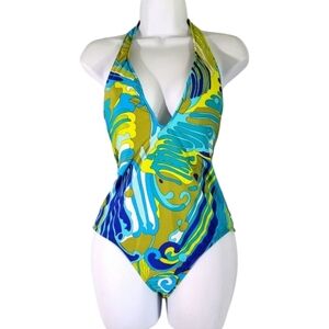 TRINA TURK Women's One-Piece Swimsuit Sz 6 Blue/Green Paisley Pool Beach Cottage